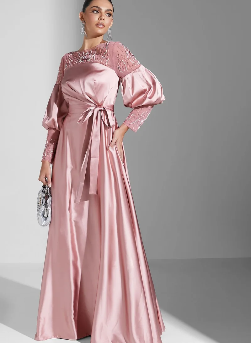 Amri Embellished Balloon Sleeve Belted Dress