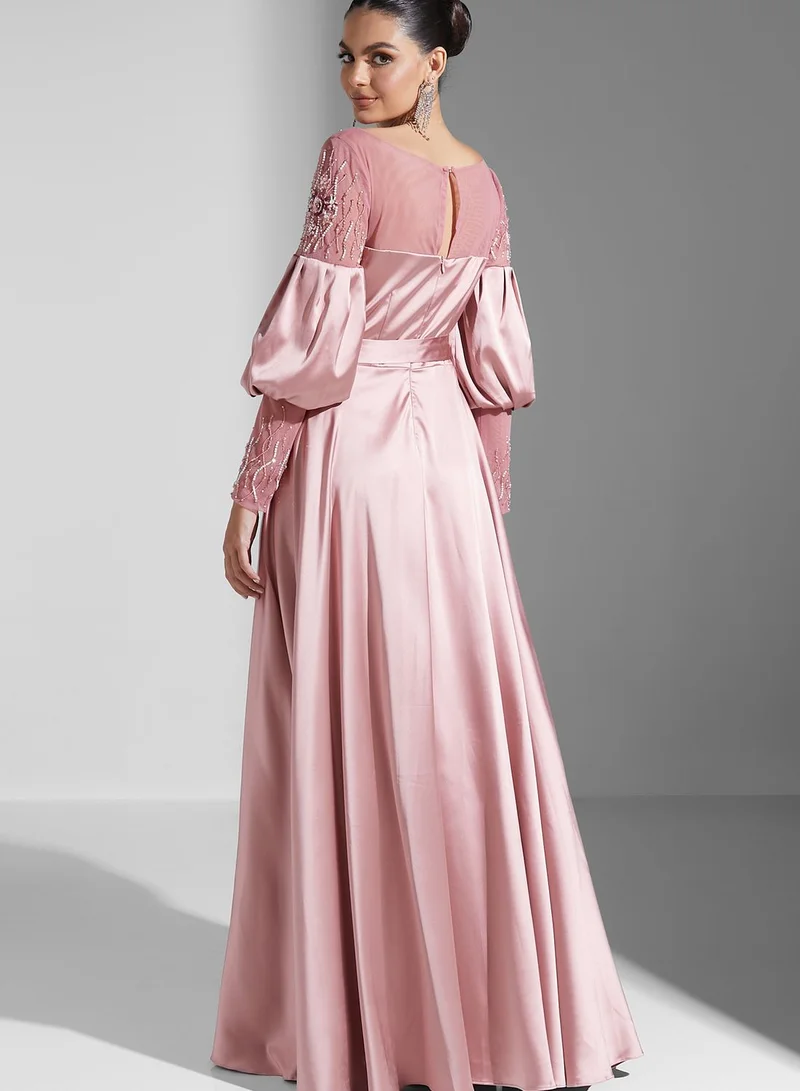 Amri Embellished Balloon Sleeve Belted Dress