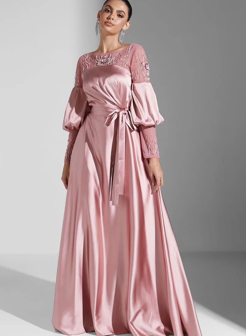Amri Embellished Balloon Sleeve Belted Dress