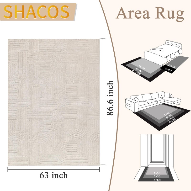 SHACOS Soft Cozy Fluffy Arch Pattern High-Low Pile Textured Area Rug 5'3"x7'3" Non Slip Washable Modern Geometric Rug Stain Resistant Contemporary Carpet for Living Room Bedroom Dining Room, Beige - Image 2