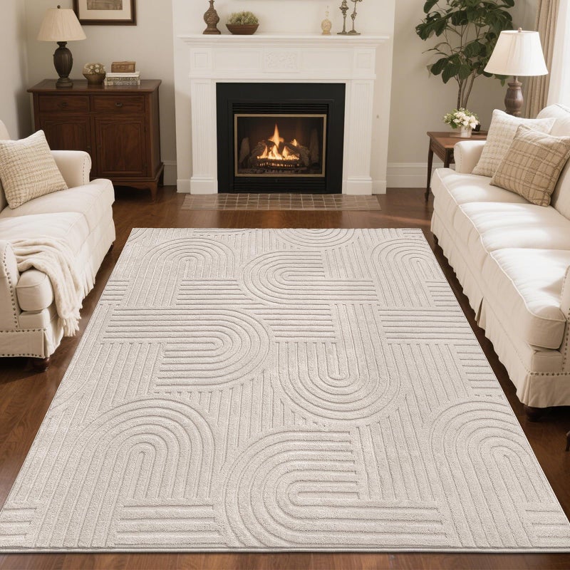 SHACOS Soft Cozy Fluffy Arch Pattern High-Low Pile Textured Area Rug 5'3"x7'3" Non Slip Washable Modern Geometric Rug Stain Resistant Contemporary Carpet for Living Room Bedroom Dining Room, Beige - Image 1