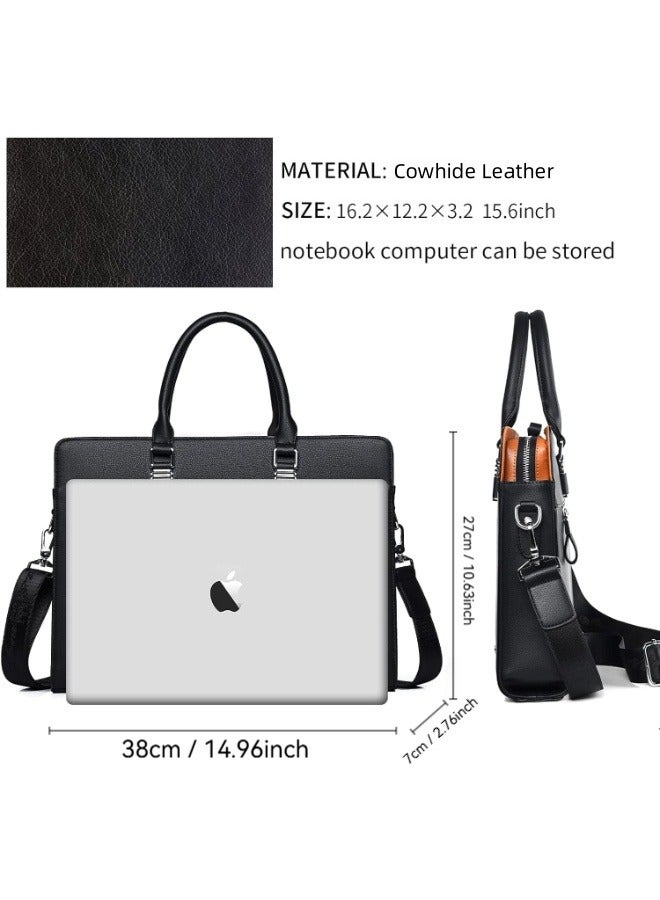 SHABILI Black Cowhide Leather Briefcase Laptop Bag Office Bag Tote Bag Notebook Bag Gents Bag President Bag Shoulder Crossbody Satchel Messenger Handbag Portable for Men Business Work Daily Use Capacity - Image 4