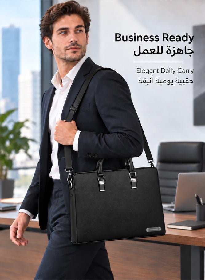 شبيلي حقيبة لابتوب ومكتب للرجال من جلد بقري أسود، حقيبة كتف وكروس وتوت وساتشل ورئيسية بسعة كبيرة مع جيوب متعددة، خفيفة ومحمولة للاستخدام اليومي والعمل والسفر والحفلات - Image 2
