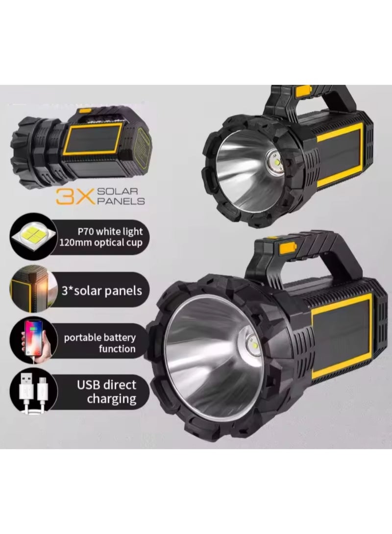 High Power LED Searchlight With 3X Solar Panels Charging 6000mAh Power Bank Handheld Rechargeable Waterproof Spotlight For Outdoor Camping, Hunting & Emergency Black - Image 5