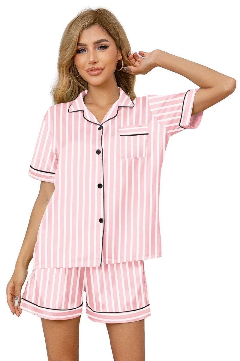 Schbbbta Silk Pajama Set for Girl Satin Button-up Pajama Sleepwear Gifts for Kids, Pink Stripe, 7-8 Years - Image 5