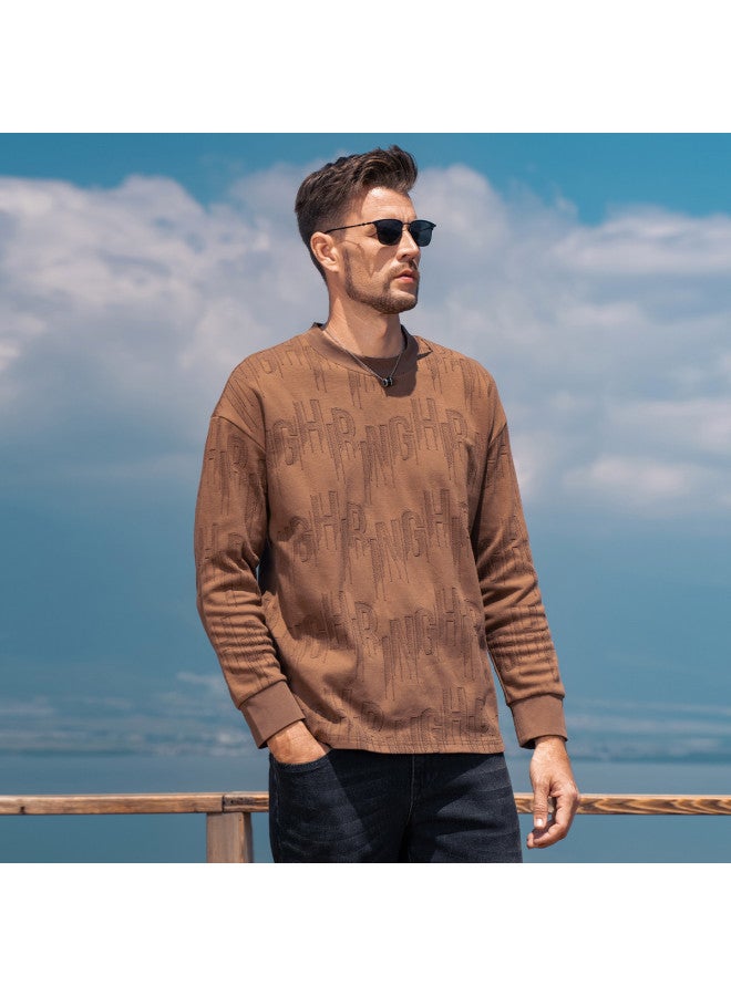 Spring/fall Letter Jacquard Long Sleeve T-shirt For Men - Trendy Oversized Drop Shoulder Casual Tee - Image 3
