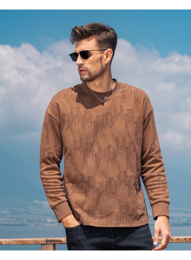 Spring/fall Letter Jacquard Long Sleeve T-shirt For Men - Trendy Oversized Drop Shoulder Casual Tee - Image 1