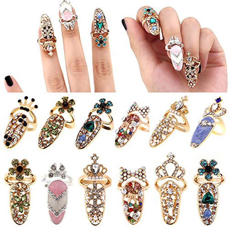 CosCosX 12 Pcs Women Luxury Fingernails Ring Fashion Bowknot Knuckle Nail Ring Decoration Tip Nail Art Charm Crown Flower Crystal Rhinestone Finger Nail Rings - Image 2