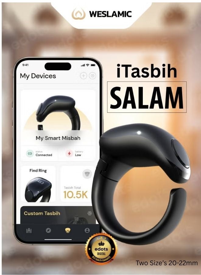 WESLAMIC iTasbih (Salam) Smart Ring, OLED Display, Zikr Counter, Prayer Reminders, 2 Adjustable Sizes 20&22mm in Box, Magnet Charging, Waterproof, Bluetooth Enabled - Image 1