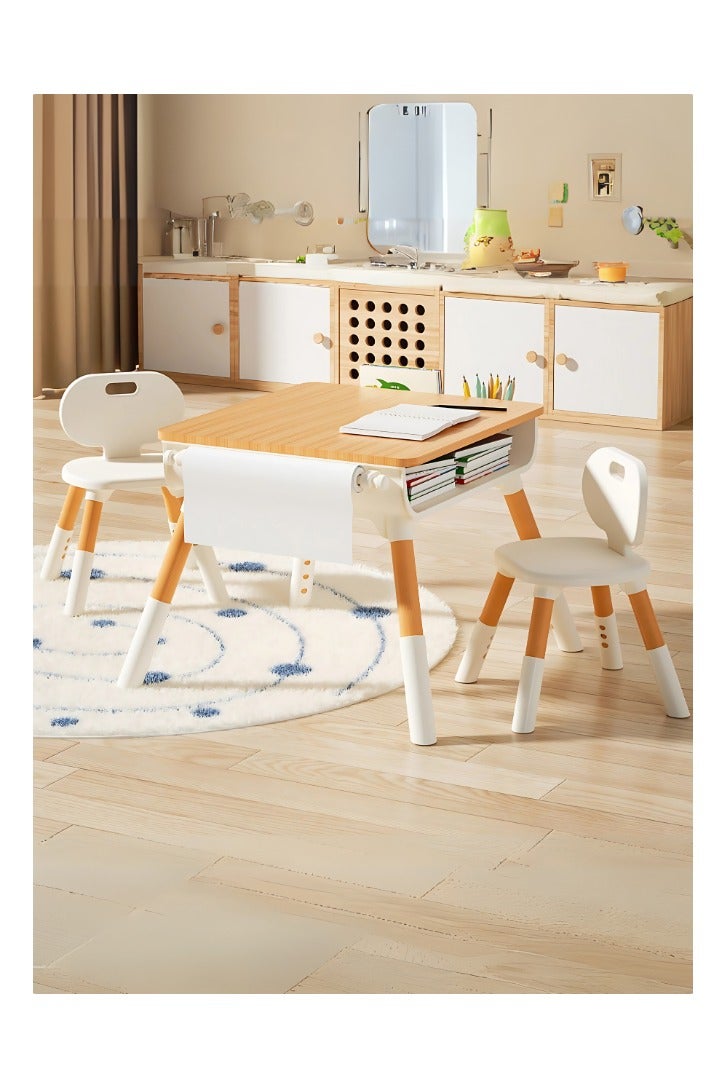 Marcolo Kids Table & 2 Chairs Set – Height Adjustable (45–55CM) – Study, Play & Activity Desk with Paper Roll, Storage Basket & Drawers (Brown) - Image 1