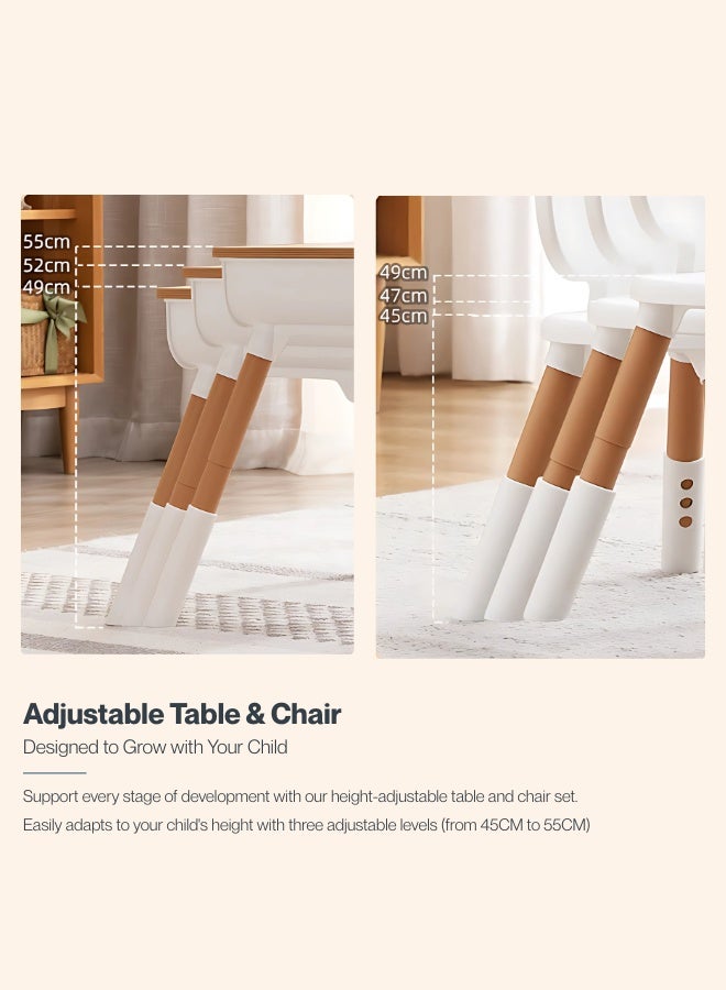Marcolo Kids Table & 2 Chairs Set – Height Adjustable (45–55CM) – Study, Play & Activity Desk with Paper Roll, Storage Basket & Drawers (Brown) - Image 4