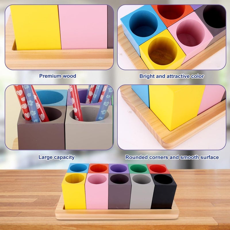 Diegimr Wooden Colored Pencil Holder, Montessori Desk Organizer with 10 Colorful Cups for Home Office School Classroom Markers Crayons Pens Storage (Pencils Not Included) - Image 4