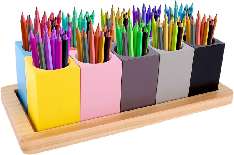 Diegimr Wooden Colored Pencil Holder, Montessori Desk Organizer with 10 Colorful Cups for Home Office School Classroom Markers Crayons Pens Storage (Pencils Not Included) - Image 1