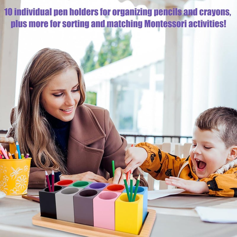 Diegimr Wooden Colored Pencil Holder, Montessori Desk Organizer with 10 Colorful Cups for Home Office School Classroom Markers Crayons Pens Storage (Pencils Not Included) - Image 5