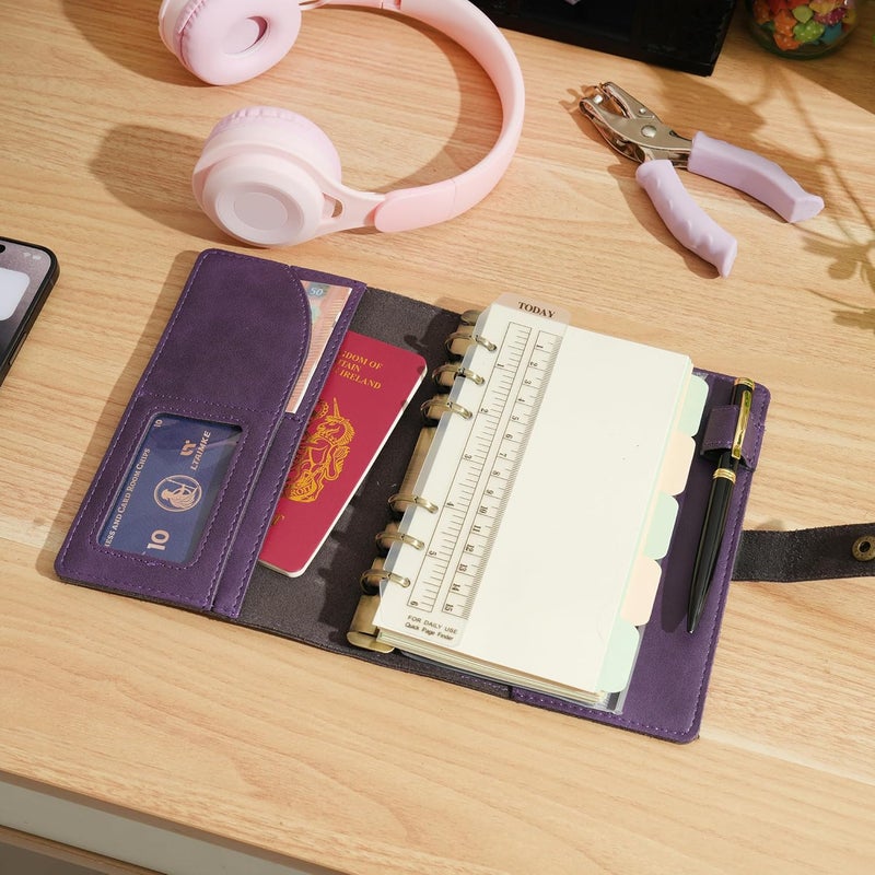WONDERPOOL Leather Journal Refillable Notebook Spiral Diary Folder Portfolio - Dot Grid Paper & Interior Pockets for Travel Work and Personal Organizer (Purple, A6) - Image 3