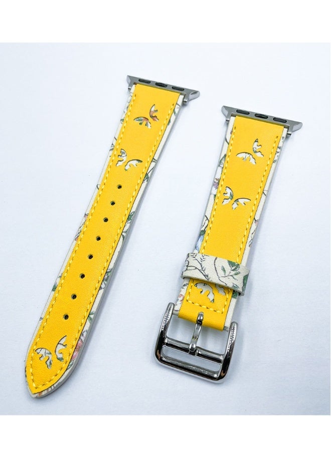 Beauenty For apple iWatch 6/7/8 Watch with Butterfly print leather strap 42/44/45/49mm yellow
