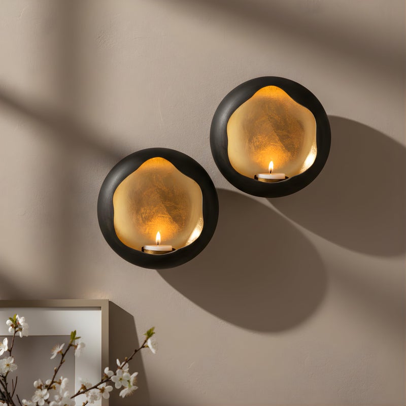 NativeSkins Solara Metal Wall Sconce Candle Holder - Set of Two - Wall Candle Sconces Holders in Modern Graphite Grey Gold Interior Hanging Candelabra Decor - Image 1