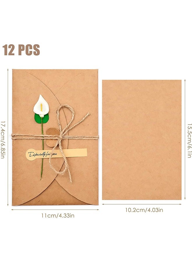 12 Packs Dried Flowers Greeting Card with Envelopes, Brown Retro Kraft Holiday Gift Card, DIY Invitation Wish Card Note Card Thank You Card for Birthday - Image 3