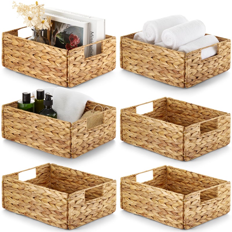 BLUEWEST Water Hyacinth Storage Baskets (Set of 6) â€“ Woven Hyacinth Organizer with Carrying Handles, Laundry Basket for Organizing, Rattan Bin for Shelves - Image 1