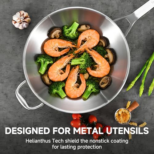 Inqibee 13 Inch Stainless Steel Wok with Lid, Induction Compatible Stir Fry Wok Pan, Tri-Ply Construction, Works on All Stovetops, Oven & Dishwasher Safe - Image 3