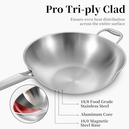 Inqibee 13 Inch Stainless Steel Wok with Lid, Induction Compatible Stir Fry Wok Pan, Tri-Ply Construction, Works on All Stovetops, Oven & Dishwasher Safe - Image 2