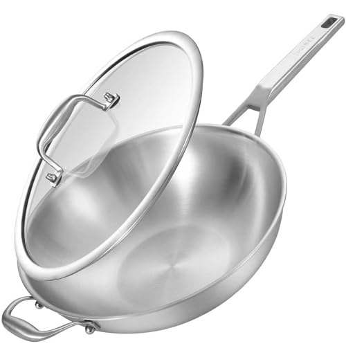 Inqibee 13 Inch Stainless Steel Wok with Lid, Induction Compatible Stir Fry Wok Pan, Tri-Ply Construction, Works on All Stovetops, Oven & Dishwasher Safe - Image 1
