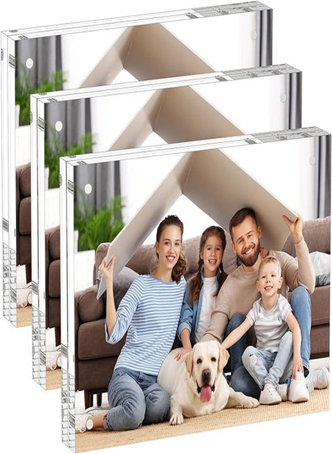 6x8 Acrylic Picture Frames 3 Pack, Thicker Block, Freestanding Double Sided Magnetic Acrylic Frameless Transparent Square Frame for Desktop Display