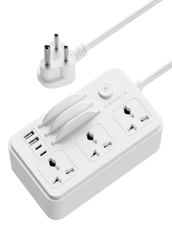 HAMMER Power Strip with 3 Universal Sockets with Child Security, Total 40w (2 USB Ports and 2 Type C 20w PD Individual), Mobile Holder,High Temperature Surge Protector,2300W with 1.5 Meter Cable White - Image 1