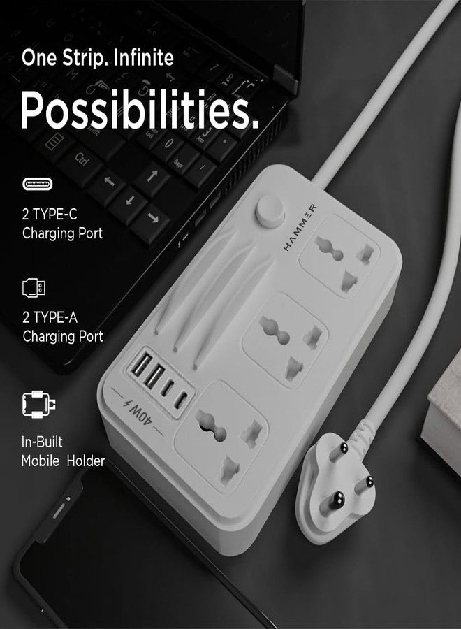 HAMMER Power Strip with 3 Universal Sockets with Child Security, Total 40w (2 USB Ports and 2 Type C 20w PD Individual), Mobile Holder,High Temperature Surge Protector,2300W with 1.5 Meter Cable White - Image 5