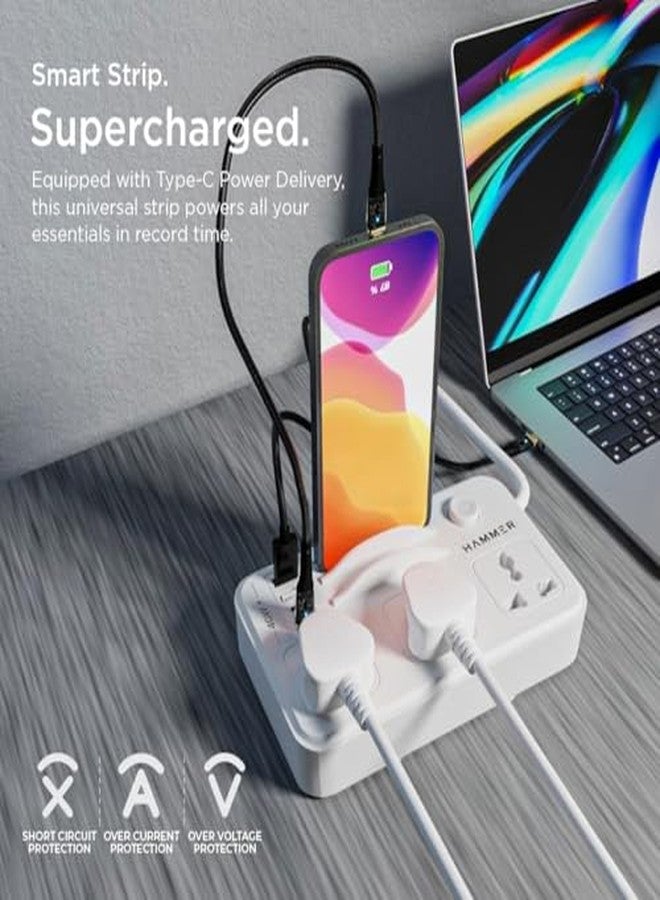 HAMMER Power Strip with 3 Universal Sockets with Child Security, Total 40w (2 USB Ports and 2 Type C 20w PD Individual), Mobile Holder,High Temperature Surge Protector,2300W with 1.5 Meter Cable White - Image 4