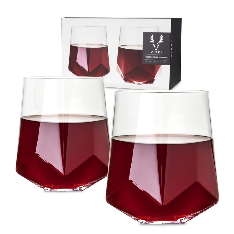 Viski Raye Faceted Crystal Wine Glasses Set of 2 NoLead Premium Crystal Clear Glass Modern Stemless Wine Glass Gift Set 20 oz