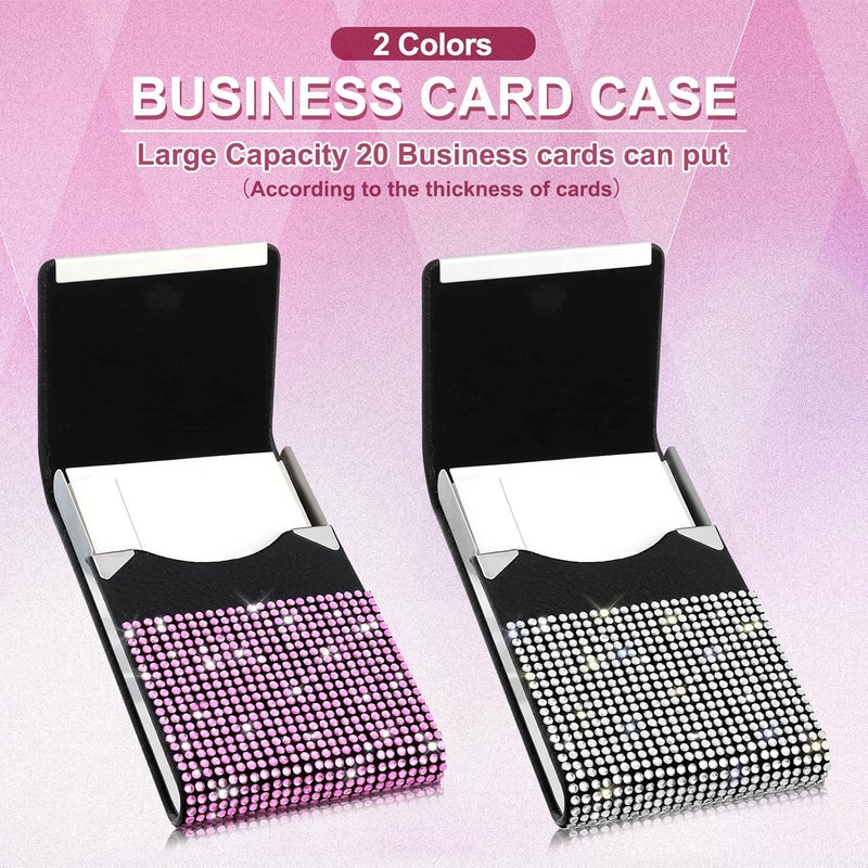 Woanger Woanger 2 Pcs Rhinestone Business Card Holder Bling PU Leather Business Card Case Pocket Credit Card Holder for Women Business Card Wallet Name Card Holder Purse with Magnetic Closure White Pink  - Image 4