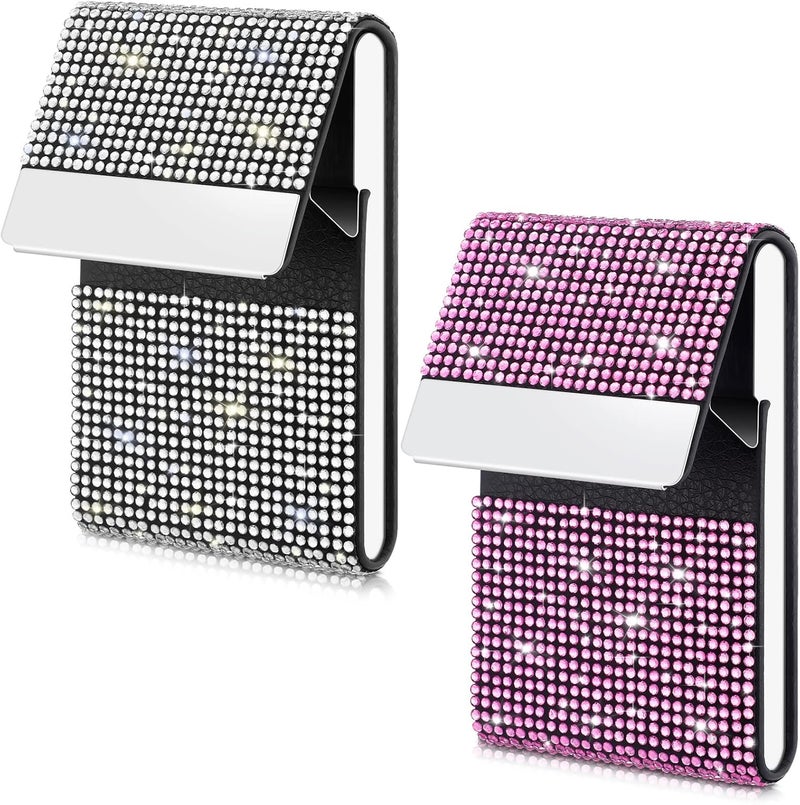 Woanger Woanger 2 Pcs Rhinestone Business Card Holder Bling PU Leather Business Card Case Pocket Credit Card Holder for Women Business Card Wallet Name Card Holder Purse with Magnetic Closure White Pink  - Image 1