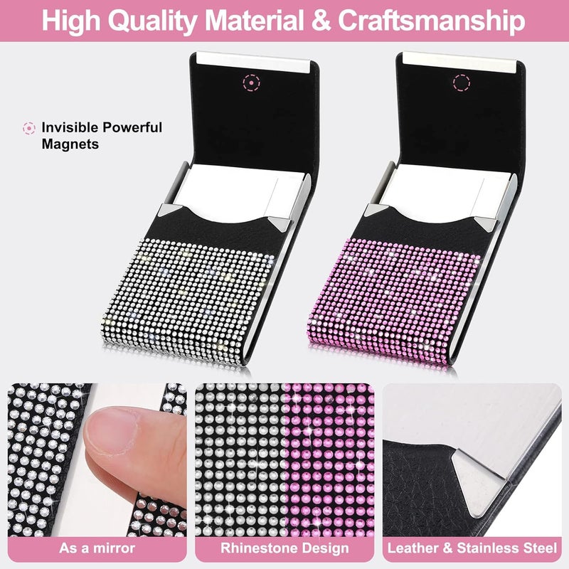 Woanger Woanger 2 Pcs Rhinestone Business Card Holder Bling PU Leather Business Card Case Pocket Credit Card Holder for Women Business Card Wallet Name Card Holder Purse with Magnetic Closure White Pink  - Image 3