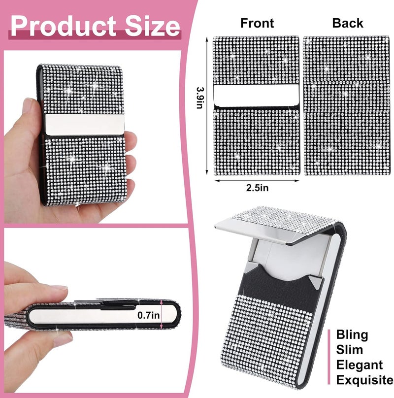 Woanger Woanger 2 Pcs Rhinestone Business Card Holder Bling PU Leather Business Card Case Pocket Credit Card Holder for Women Business Card Wallet Name Card Holder Purse with Magnetic Closure White Pink  - Image 2
