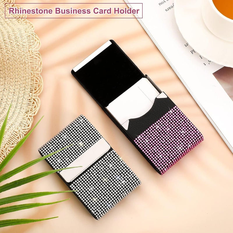 Woanger Woanger 2 Pcs Rhinestone Business Card Holder Bling PU Leather Business Card Case Pocket Credit Card Holder for Women Business Card Wallet Name Card Holder Purse with Magnetic Closure White Pink  - Image 5