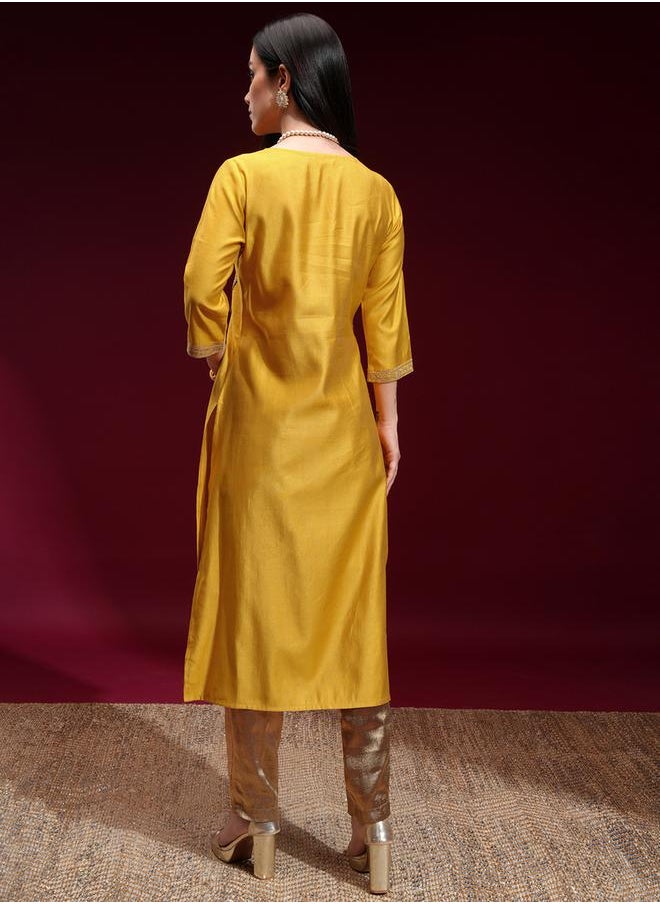 Vishudh Floral Embroidered Yoke Design Sequinned Straight Kurta by Styli  - Image 3