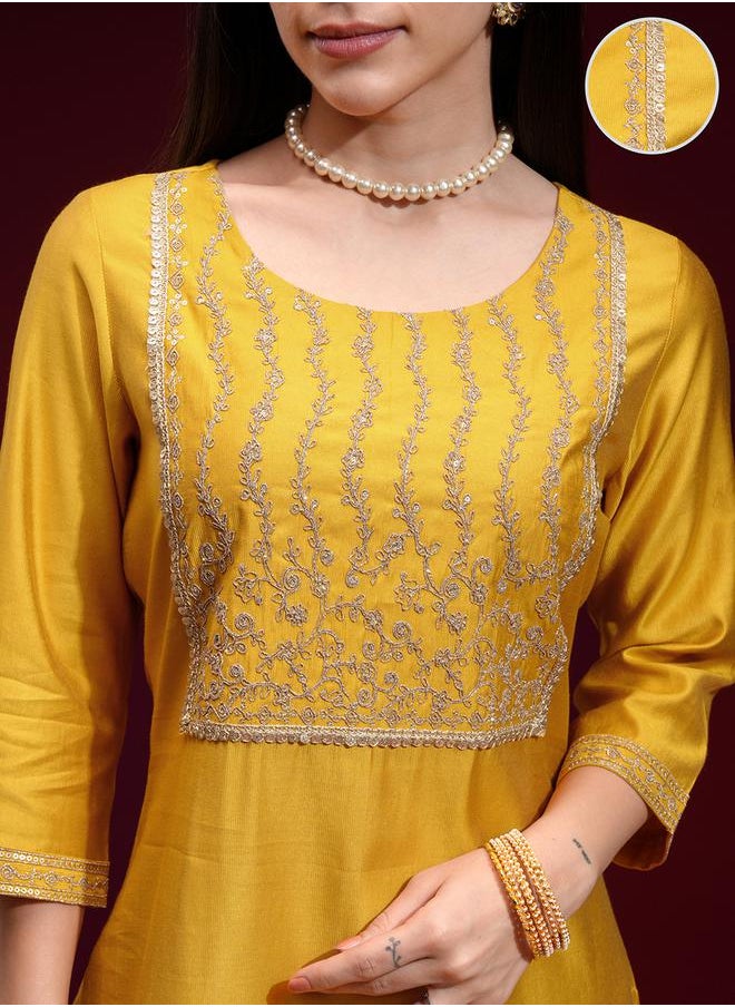Vishudh Floral Embroidered Yoke Design Sequinned Straight Kurta by Styli  - Image 5