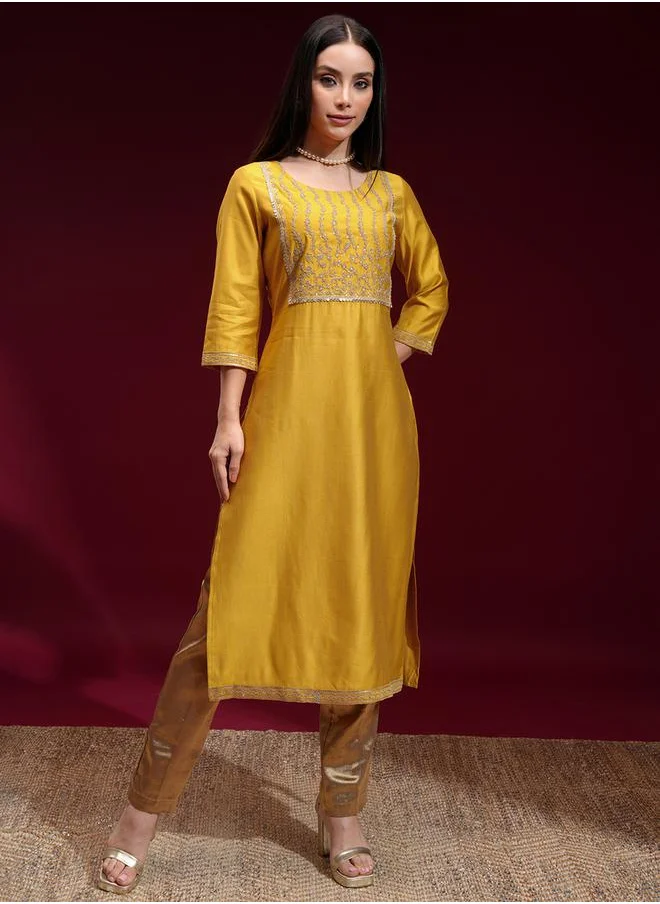 Vishudh Floral Embroidered Yoke Design Sequinned Straight Kurta by Styli