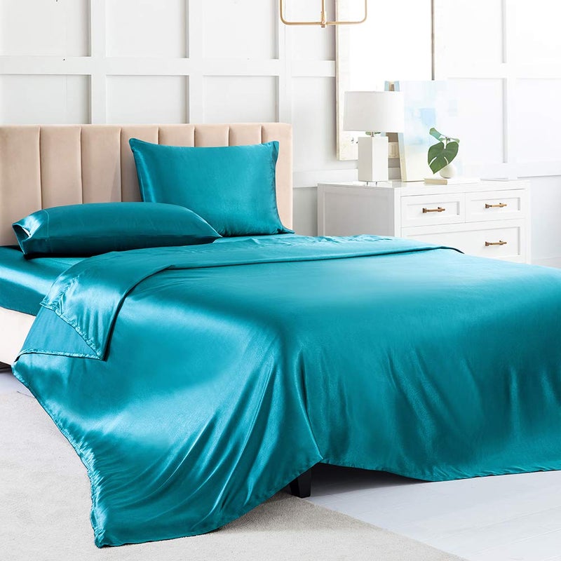 Luxbedding Satin Bed Sheets Full Size Sheet Sets  Teal Silk Sheets  4 - Pieces Soft Bedding Set with 1 Deep Pocket Fitted Sheet 1 Flat Sheet 2 Pillowcase 