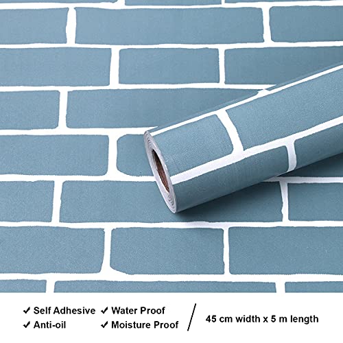 wolpin Wall Stickers Wallpaper Kids Room (45 x 500 cm) Study Table Decor Bricks DIY Self Adhesive PVC, Blue - Image 3
