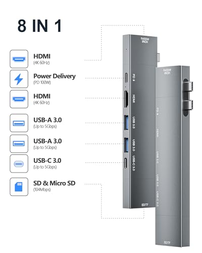 NXPGKEA USB C Hub for MacBook, USB-C Hub 8-in-2, 2 HDMI 4K 60Hz, 2 USB A Data Ports microSD SD Card Reader for MacBook Pro 13 Inch, MacBook Air M1 M2 M3 iPad Dell XPS, Lenovo Thinkpad, HP Laptops - Image 2