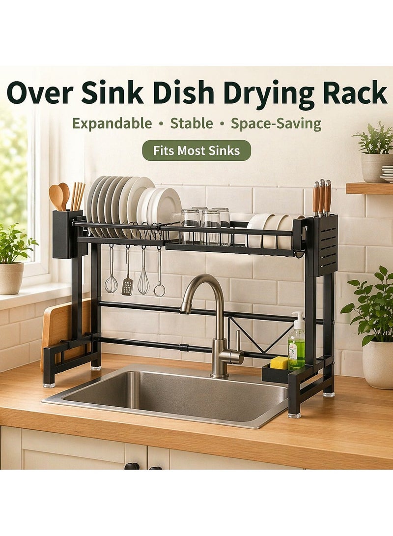 Yolu 2 Tiers Adjustable Over The Sink Dish Drying Rack, Expandable Kitchen Sink Rack, Heavy Duty Thickened Metal Frame Kitchen Shelf, Multi-Functional Storage with Knife, Cutting Board & Utensil Holder - Image 2