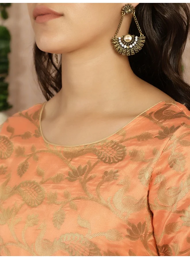 AKS Orange Jacquard Zari Work Flared Maxi Dress