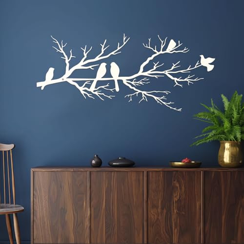 ESTART Metal Birds Wall Art Metal Vivid Birds on Branch Silhouette Wall Decor White Leaves with Bird Outdoor Hanging Wall Sculpture for Home Living room Bedroom Balcony Garden White Large - Image 1