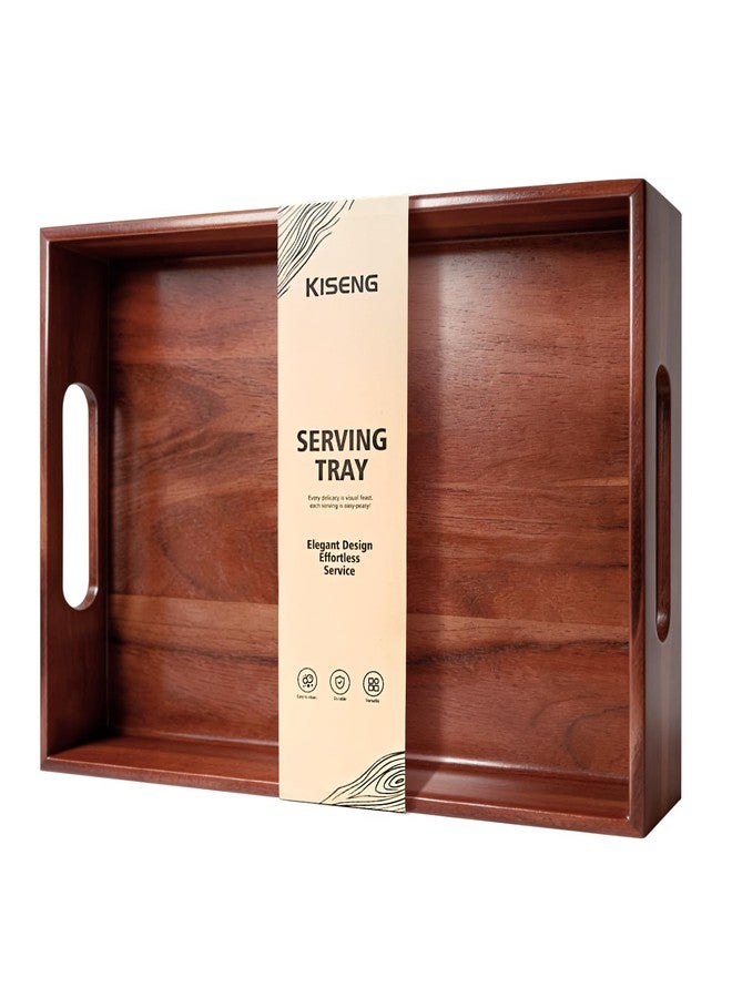 KISENG Acacia Wood Serving Tray with Handles, 17 x 12 Inch Large Wooden Tray for Food & Drinks, Coffee Table, Ottoman, Breakfast in Bed - Includes Free Leather Mat - Image 1
