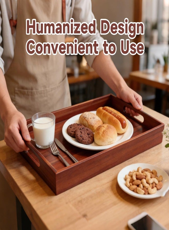 KISENG Acacia Wood Serving Tray with Handles, 17 x 12 Inch Large Wooden Tray for Food & Drinks, Coffee Table, Ottoman, Breakfast in Bed - Includes Free Leather Mat - Image 3
