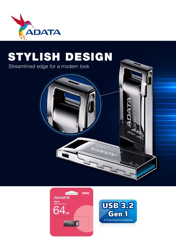 ADATA - UR340 64GB USB 3.2 Flash Drive Lightweight Waterproof | Metal | Fast Data Transfer - Image 1