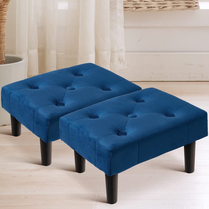 HOUCHICS Small Footstool Ottoman Velvet Wooden Foot Stool Ottoman with Wood Legs Sofa Footrest Extra Seating for Living Room Entryway OfficeBlue 2PACK