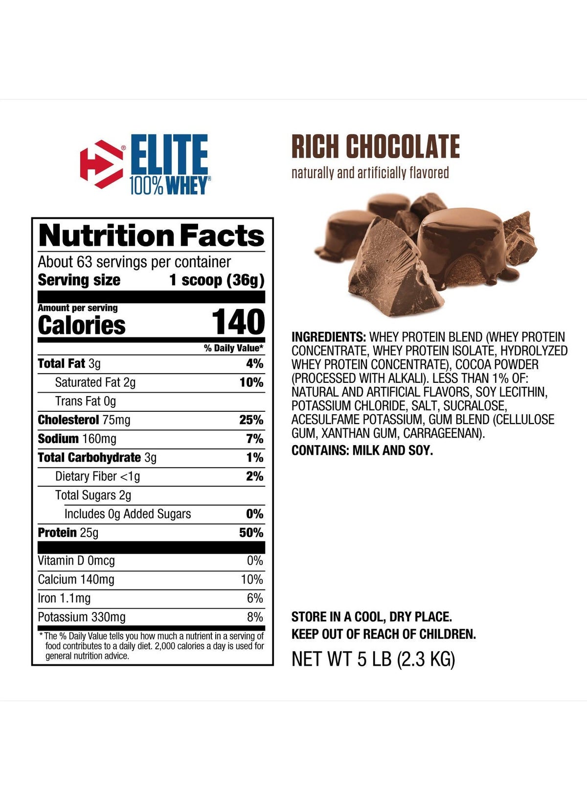 Elite 100% Whey Protein Powder Rich Chocolate 5Lb